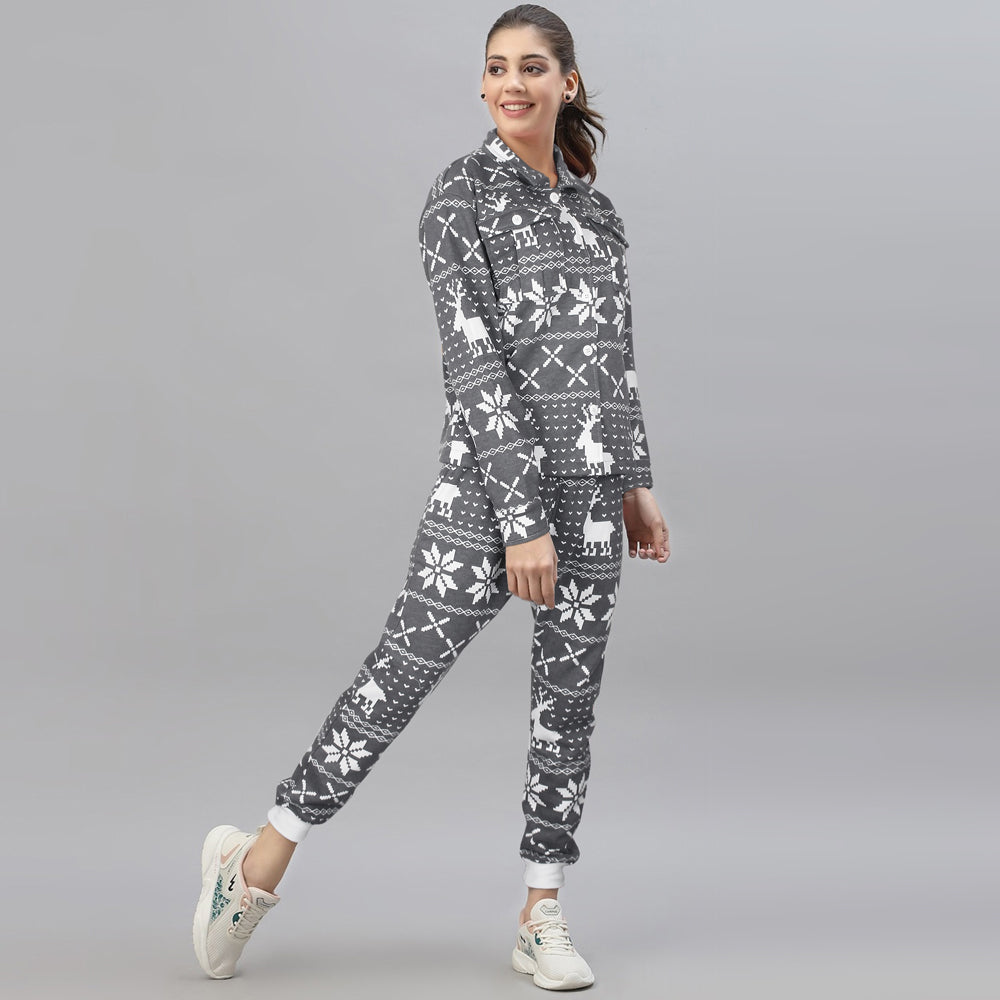 Utility Pocket Deer Print Tracksuit-Ladies-2032-Grey - FactoryX.pk